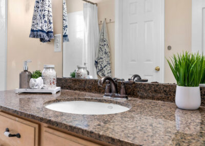 Detail of sink area with granite counters and simple decor in bathroom